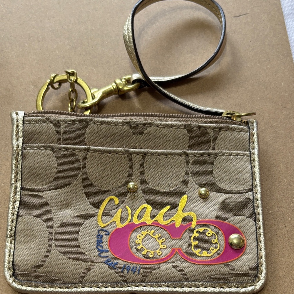 Coach Brown Wristlet with Gold and Pink Accents